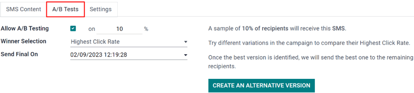 The A/B Test tab is located on an Axsys SMS Marketing app campaign form.