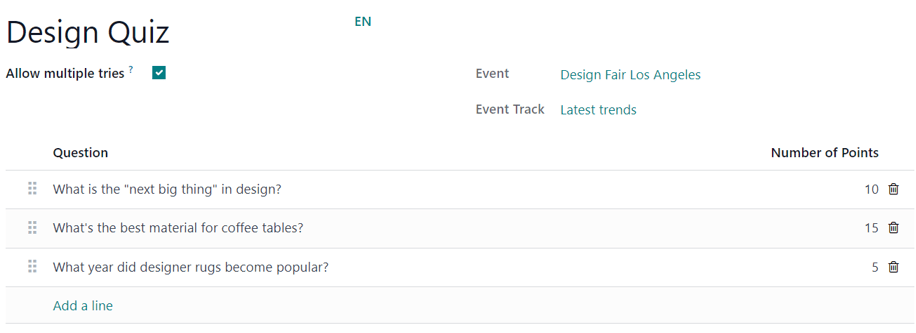 The Add Quiz page in the Axsys Events application for an event track.