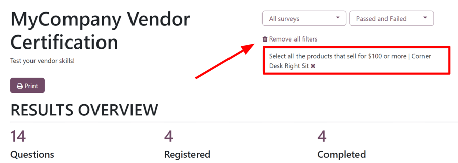 The applied filter on the 'See results' page in the Axsys Surveys application.