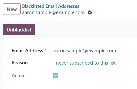 View of a blacklisted contact detail form in Axsys Email Marketing.