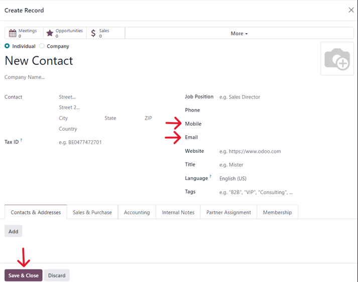 A blank contact form from a launch test pop-up window in Axsys Marketing Automation.