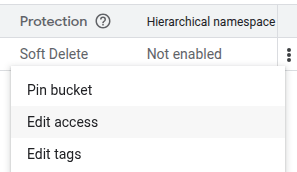 Accessing the "Edit access" action of a Google Cloud storage bucket