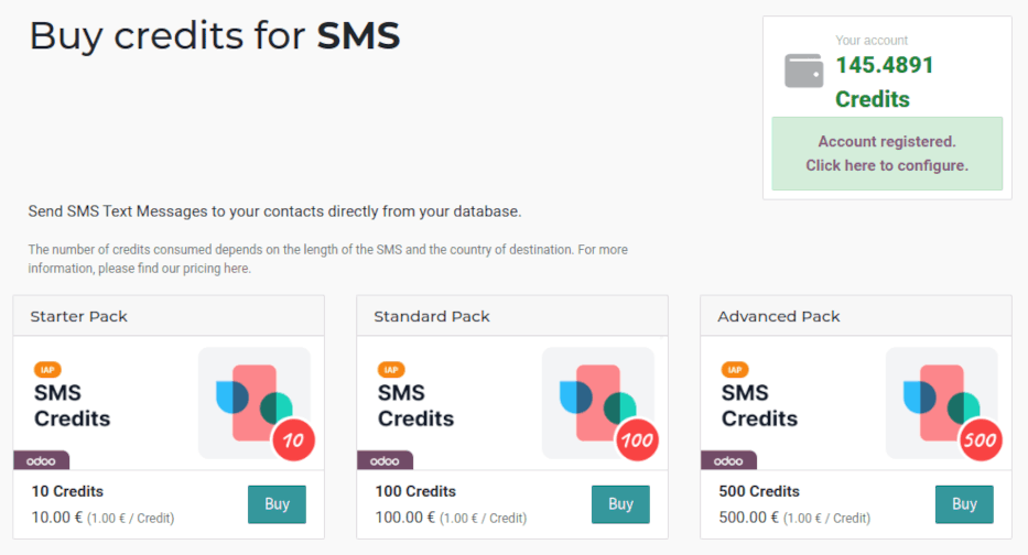 The SMS service page on IAP.Axsys.com with four packs of credits available for purchase.