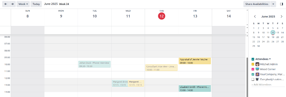 The calendar view, highlighting how to change the displayed meetings.