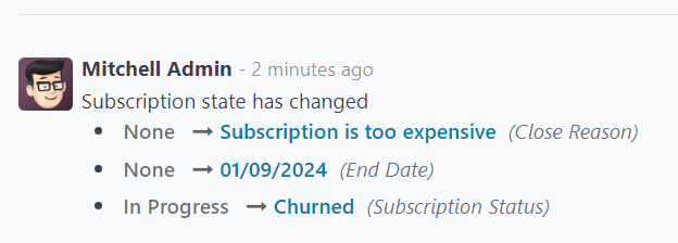 The chatter of a churned sales order for a closed subscription in Axsys Subscriptions.