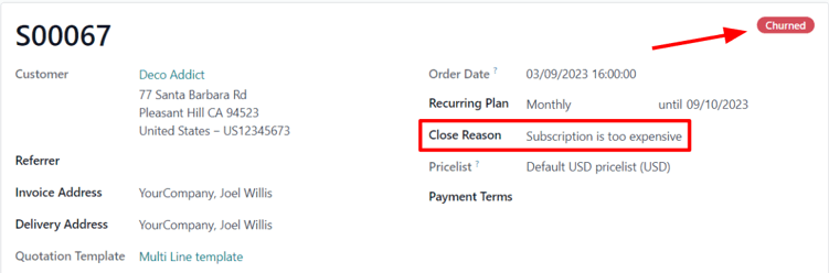 A churned sales order for a closed subscription in Axsys Subscriptions.