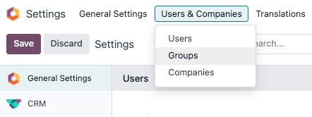 Groups menu in the Users & Companies section of the Settings app of Axsys.