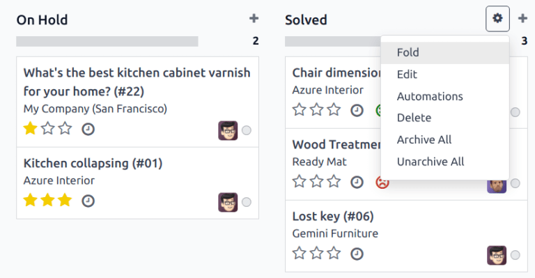 View of stage on Helpdesk pipeline with emphasis on gear icon and edit stage option.