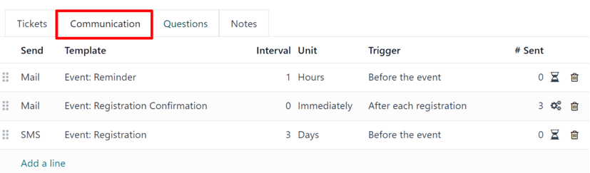 Typical communication tab on an event form in the Axsys Events application.
