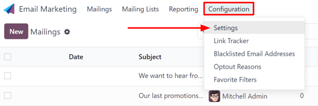 View of the Configuration menu with Settings page in the Axsys Email Marketing application.