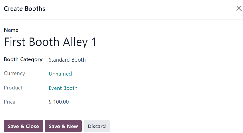 A Create Booths pop-up window in the Axsys Events application.
