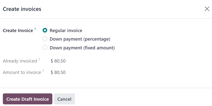 The deduct down payment option on the create invoices pop up in Axsys Sales.