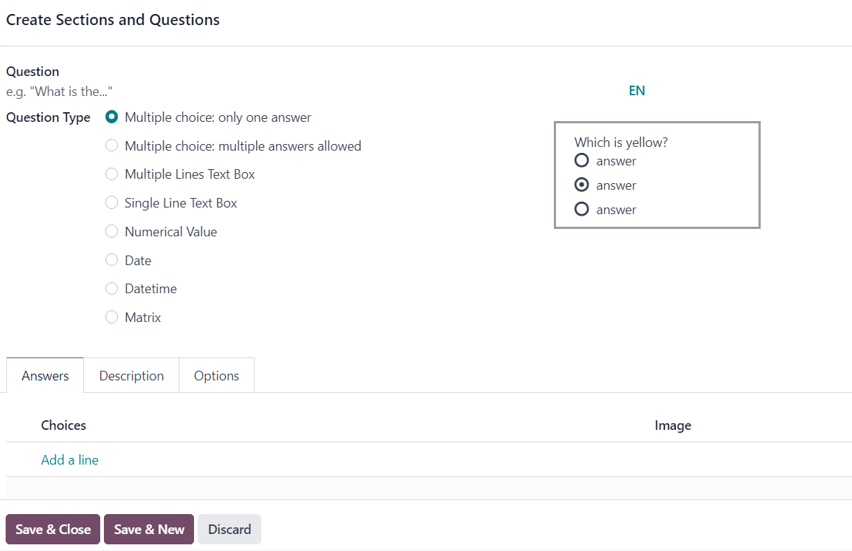 The Create Sections and Questions pop-up form in Axsys Surveys.