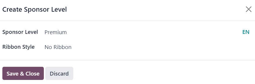 The Create Sponsor Level pop-up window that appears in the Axsys Events application.