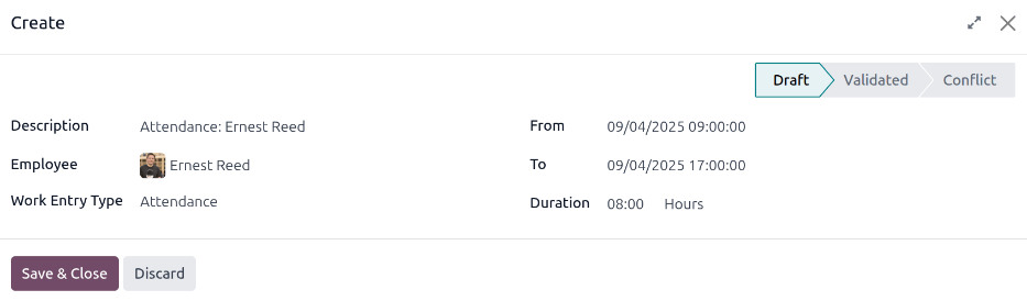Filling in the work entry Create form in Axsys.