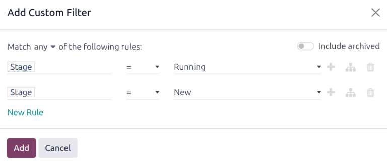 The filter settings to be added to only display new and running services.
