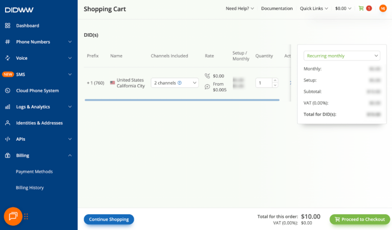 The purchase dashboard in DIDWW.