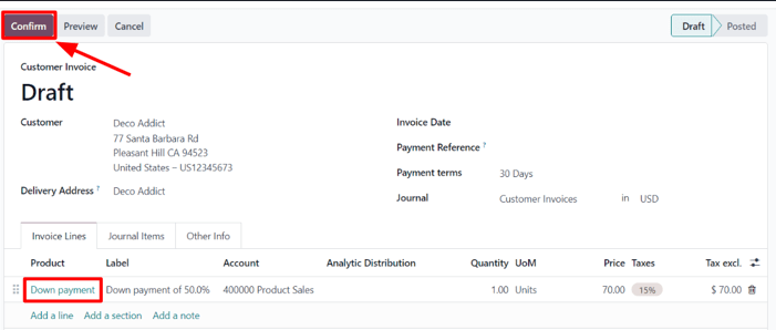 A sample draft invoice with down payment mentioned in Axsys Sales.
