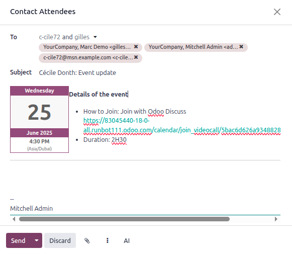 Enter the information to send the event via email.