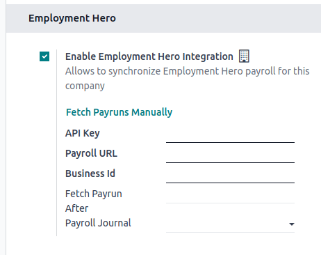 Enabling Employment Hero Integration in Axsys Accounting displays new fields in the settings