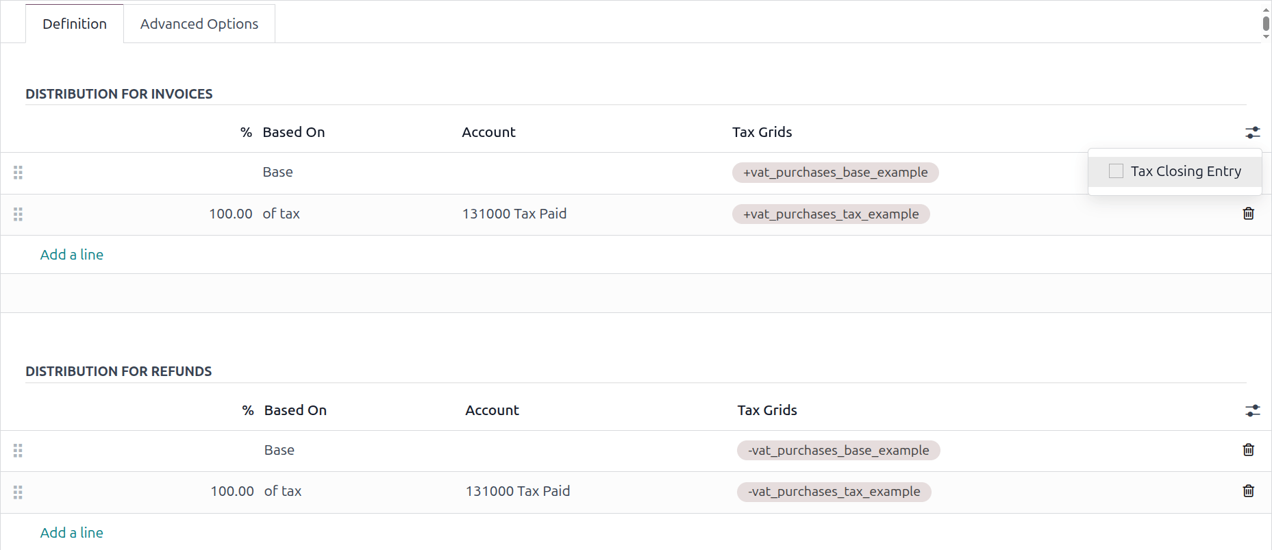 Tax grids configuration.