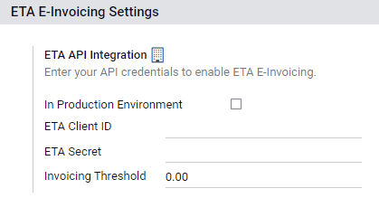 Configuration of the ETA E-Invoicing credentials in Axsys Accounting