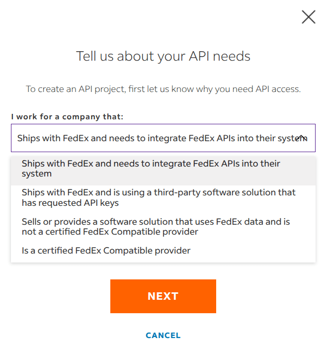 Pop-up on FedEx website to select API needs.