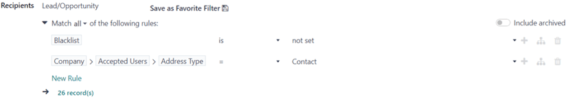 View of how recipient filters can be customized in Axsys Email Marketing.