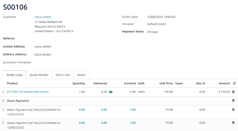 The second down payment invoice with Paid banner in Cobuild Sales.