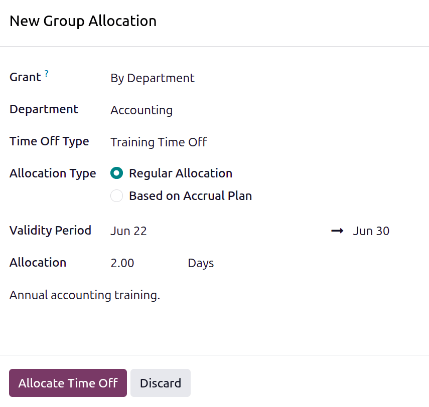 An allocation request form filled out for two days of training granted to the accounting department.