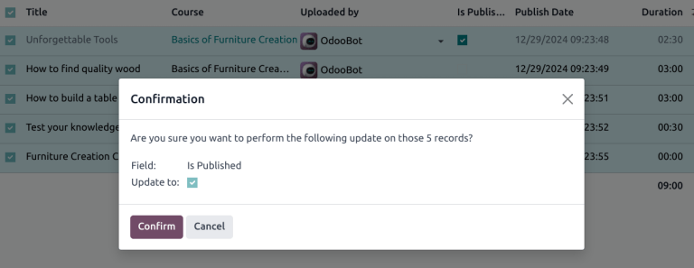 View of a course contents being published in Axsys Helpdesk back-end.