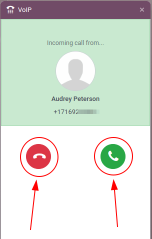 Incoming call shown in the Axsys VoIP widget.