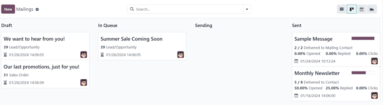 Kanban view of the main dashboard of the Axsys Email Marketing application.