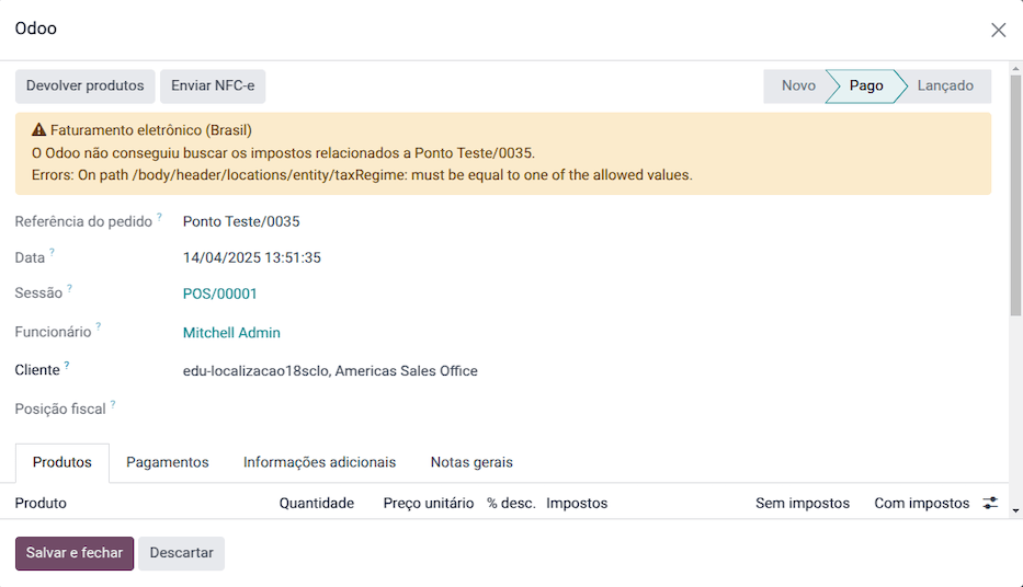 Point of sale order view form.
