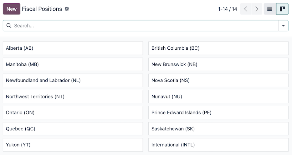 The default fiscal positions for the Canada localization in Axsys Accounting.