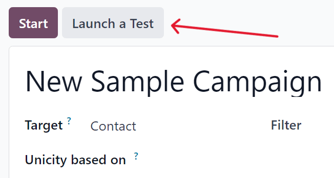 Launch a test button on a campaign detail form in Axsys Marketing Automation.