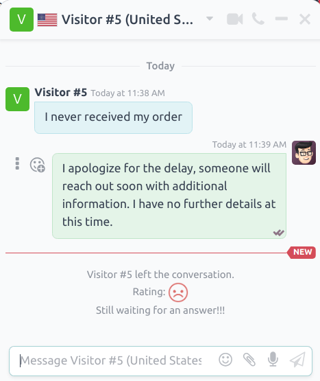 View of a chat window from an operator's window highlighting a rating for Axsys Live Chat.