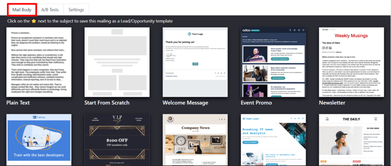 View of the templates in the Mail Body tab in Axsys Email Marketing application.