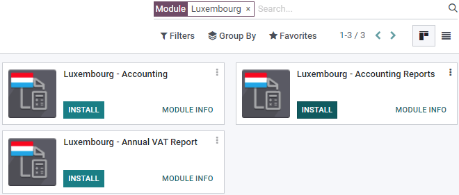 The three modules for the Luxembourgish Fiscal Localization Package on Axsys