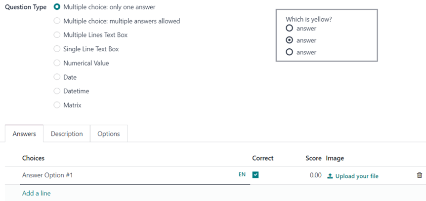 The answer tab with a multiple choice answer option selected in Axsys Surveys.