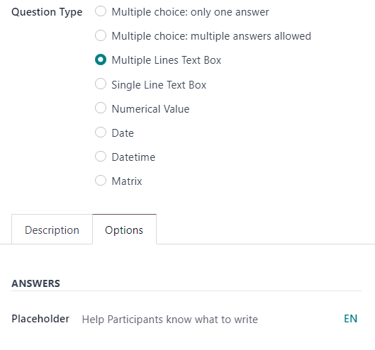 The placeholder field when a multiple lines text box option is chosen in Axsys Surveys.