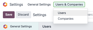 Users menu in the Users & Companies section of the Settings app of Axsys.