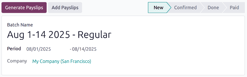 The details entered for the new batch.