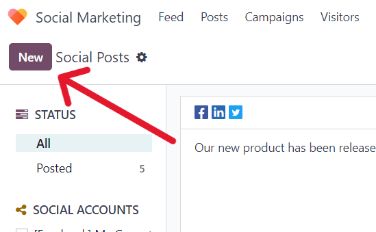 New button on the Social Posts page in the Axsys Social Marketing application.