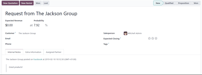 New lead detail form generated from a social media comment in Axsys Social Marketing.