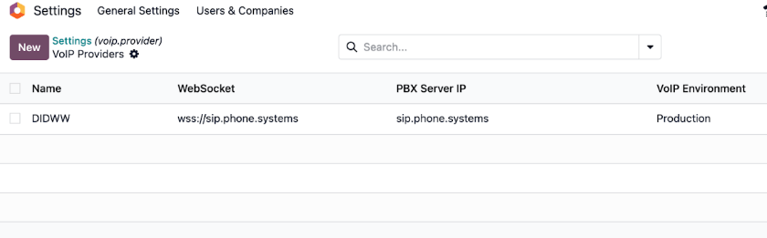 The VoIP providers page in Axsys.