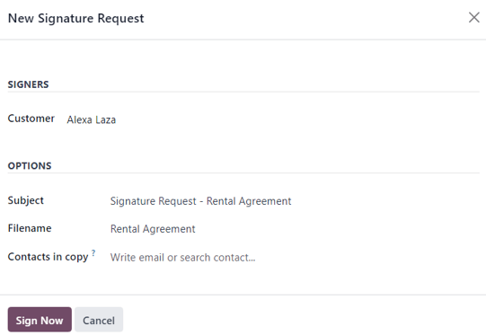 The New Signature Request pop-up window that appears in the Axsys Rental application.