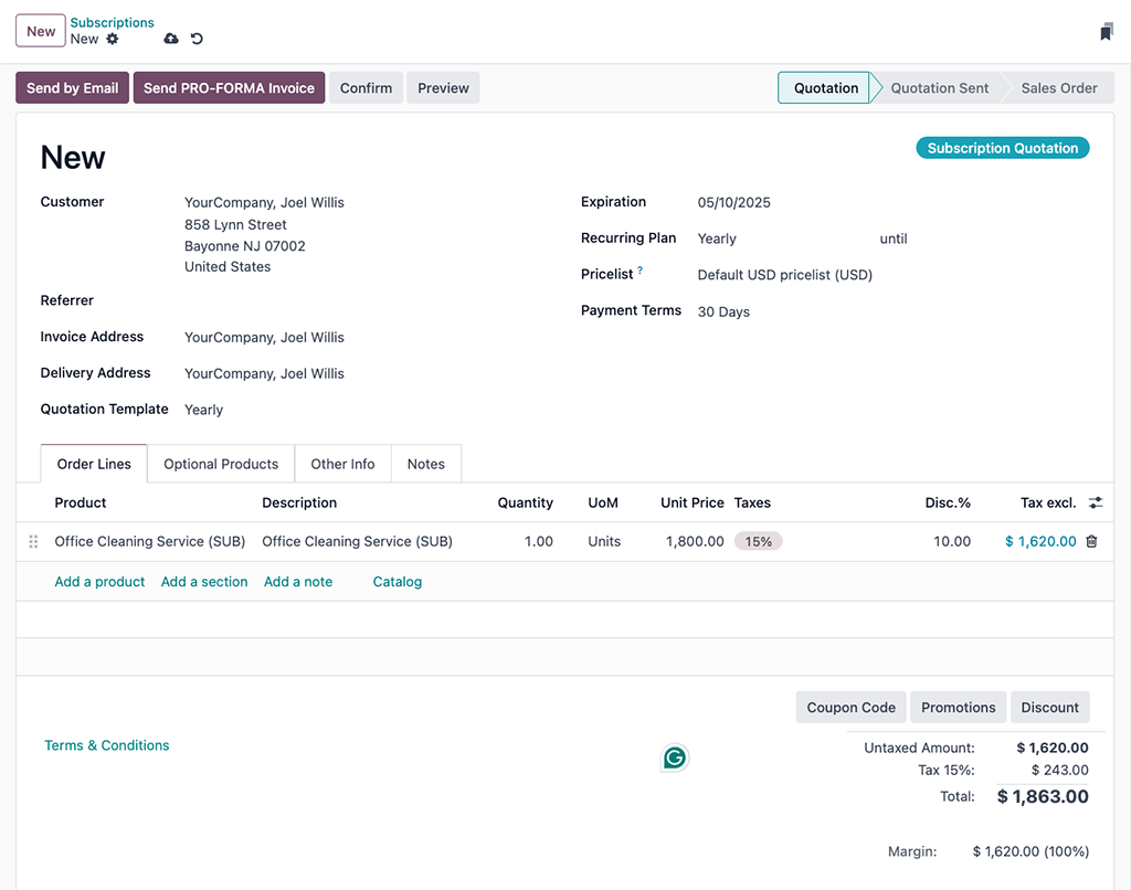 A completed example of a new subscription quotation in Axsys.