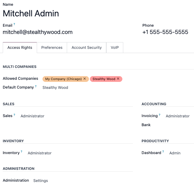View of a user's form emphasizing the access rights tab in Axsys.