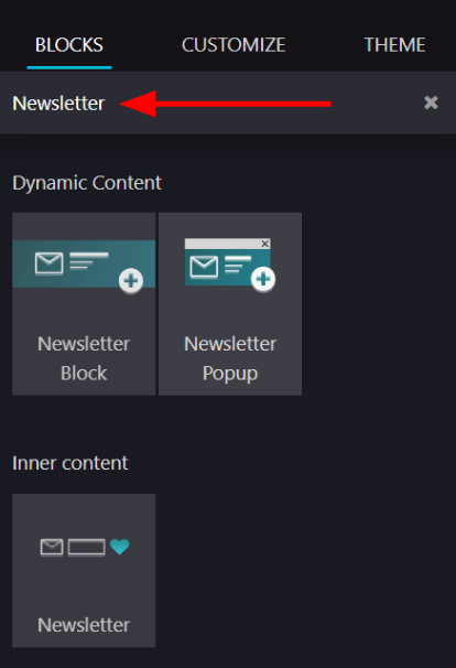 View of how to quickly search for Newsletter blocks in the Axsys Website application.